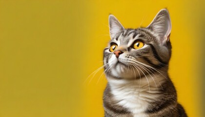 Wall Mural - cute banner with a cat looking up on solid yellow background