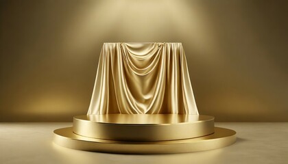 golden luxurious fabric or cloth placed on a top pedestal or blank podium shelf on a gold background with the luxury concept museum or gallery backdrops for products 3d rendering generative ai