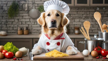 Wall Mural - cute dog golden retriever chef with costume ready to cooking for dinner in kitchen room funny moment ingredient for cooking pet concept with generative ai