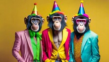 Creative Animal Concept Ape In A Group Vibrant Bright Fashionable Outfits On Solid Background Advertisement Copy Text Space Birthday Party Invite Invitation Banner