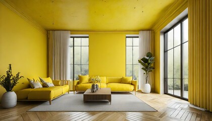 Wall Mural - yellow room interior modern luxury living room empty yellow wall with wooden floor yellow background