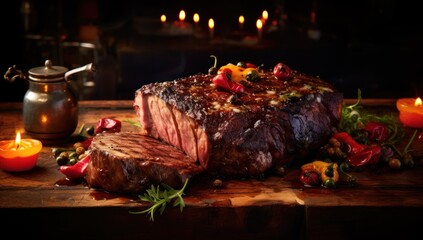 Wall Mural -  a piece of steak sitting on top of a wooden cutting board next to a tea pot and a lit candle.