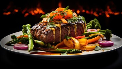 Wall Mural -  a white plate topped with a piece of meat covered in sauce surrounded by veggies and a fire in the background.