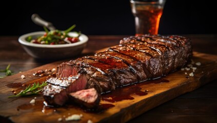 Wall Mural -  a large piece of meat sitting on top of a wooden cutting board next to a bowl of salad and a drink.