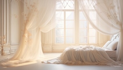 Poster -  a bed sitting in a bedroom next to a window covered in white drapes and a white blanket on top of a bed.