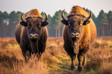 Canvas Print -  a couple of bison standing next to each other on a grass covered field with tall grass and trees in the background.