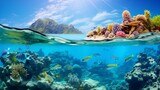 Fototapeta Do akwarium - A panorama of a vibrant coral reef with exotic fish swimming in crystal-clear waters