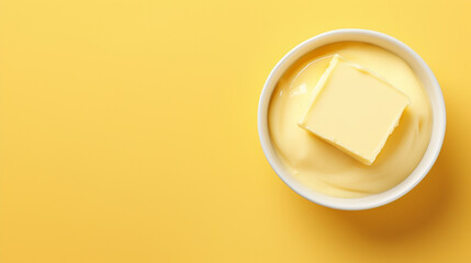 Sticker - Bowl with melted butter on yellow background, top view. Dairy products