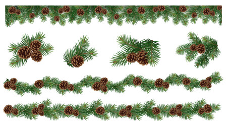 Wall Mural - Realistic vector Christmas isolated tree branches garland and collections of Christmas tree branch with pine cones	
