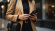 Woman's hand with stylish business attire holding smartphone showing financial apps, Emphasizing theme of professionalism in finance, AI Generated