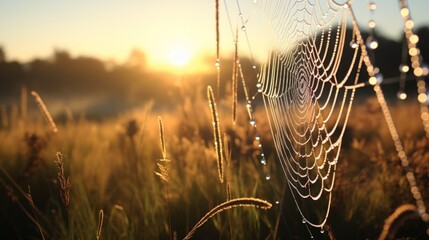 Glistening dewdrops on a spider's delicate web in the early morning light amidst a dense meadow