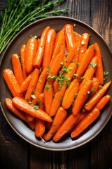 Poster - A plate of glazed carrots with fresh herbs on a rustic wooden table. Generative AI.