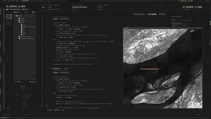 Writing a programming code to create a virtual web analysis system. Web programming system is scrolling through a map. Web programming system is analyzing the target position using a satellite.