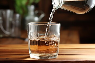 Wall Mural - Pouring water from bottle into glass of water on wooden background