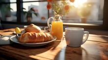 Breakfast With Coffee, Croissants And Orange Juice On Wooden Table