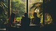 © SK - Business Meeting Silhouettes Against Lush Greenery, Illuminated by Warm Sunset Light Through Large Windows