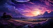 Fantasy lavender field under a dark sky with bright stars. Vegetation under the light of the moon, colorful illustrative landscape. Banner with copy space