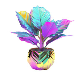 Holographic tropical plant in pot isolated on transparent background. Cut out home decor element. Trendy and futuristic, iridescent objects. 3D rendering. Generative AI
