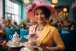 Beautiful young woman in hat with cake in cafe. Retro style.