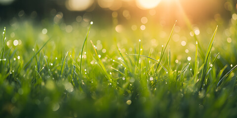 Wall Mural - Close up of green Grass with waterdrops, blurry background with sunlight