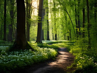 Wall Mural - Spring in a forest with a path and sunlight, natural background