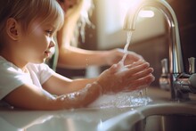 Child Washing Her Hands Under The Water Tap