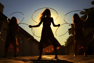 Wall Mural - shadows of girls dancing with hula hoops, their movements creating dynamic patterns of light and sha