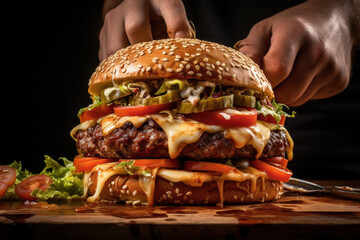 Canvas Print - A close-up of a chef's hands skillfully assembling a towering burger with layers of juicy patties, fresh lettuce, and melted cheese, representing the indulgence of comfort food. Generative Ai.