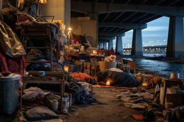 Sticker - A makeshift shelter beneath a bridge, fashioned from discarded materials, portraying the resilience and resourcefulness of those facing homelessness. Generative Ai.