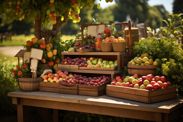 Poster - Farmers' market display featuring locally grown organic fruits, promoting sustainable agriculture and supporting local farmers. Generative Ai.