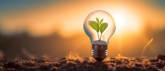 Wall Mural - light bulb with a plant growing inside - concept of caring for the environment and sustainable energ