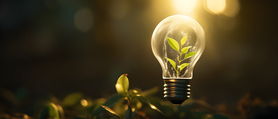 Wall Mural - light bulb with a plant growing inside - concept of caring for the environment and sustainable energ