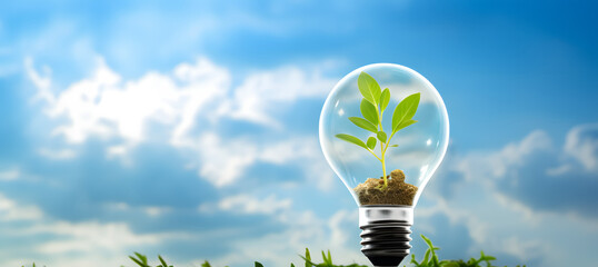 Wall Mural - light bulb with a plant growing inside - concept of caring for the environment and sustainable energ