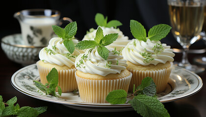 Canvas Print - Homemade cupcake with whipped cream and fresh raspberry decoration generated by AI