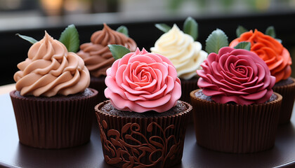 Canvas Print - Freshly baked gourmet cupcakes with chocolate icing and candy decorations generated by AI