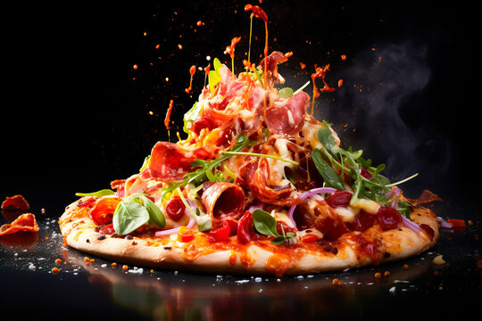 juicy pizza with a mountain of ingredients on it, dripping and splashing sauce and smoke behind it.