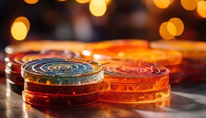 Poster - Glowing candle decoration illuminates table at traditional Christmas celebration generative AI