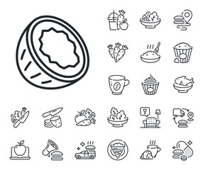 Wall Mural - Tasty nut sign. Crepe, sweet popcorn and salad outline icons. Coconut line icon. Vegan food symbol. Coconut line sign. Pasta spaghetti, fresh juice icon. Supply chain. Vector