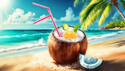 Wall Mural - Refreshing coconut drink on the beach