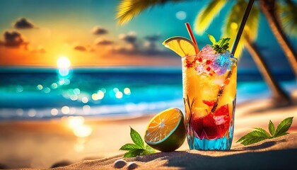 Wall Mural - Close up of cold drink on the beach