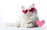 Fototapeta Zwierzęta - white cat with glasses red shape heart on white background