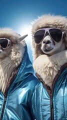 Poster - Two llamas wearing sunglasses and jackets on a sunny day. Generative AI.