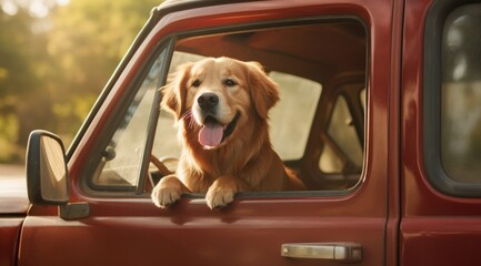 Wall Mural - A golden retriever dog is sitting in the driver's seat of a red truck. Generative AI.