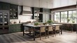 A spacious kitchen island featuring charcoal gray cabinets and stainless steel appliances, complemented by deep green subway tiles in a luxurious new farmhouse setting