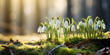 Close Up Of White Spring Snowdrop Flowers Growing In The Snow, Blurry Forest  Background 