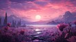 The setting sun illuminates a lavender field, illustration of a purple-pink warm and inspiring atmosphere, Concept: rural tourism, aromatherapy and nature photography