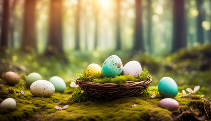 Wall Mural - Easter eggs in nature with copy space