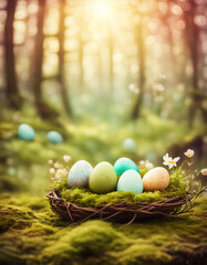 Wall Mural - Easter eggs in nature with copy space