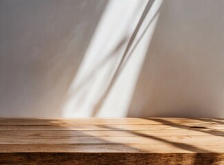 Poster - Empty minimal natural wooden table counter podium, beautiful wood grain in sunlight, shadow on white wall for luxury cosmetic, skincare, beauty treatment, decoration product display