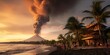 Krakatoa Unleashed: A haunting view of the eruption aftermath with an ash cloud, global waves, and panic at a holiday resort, as disaster strikes, leading to chaos and a frantic evacuation